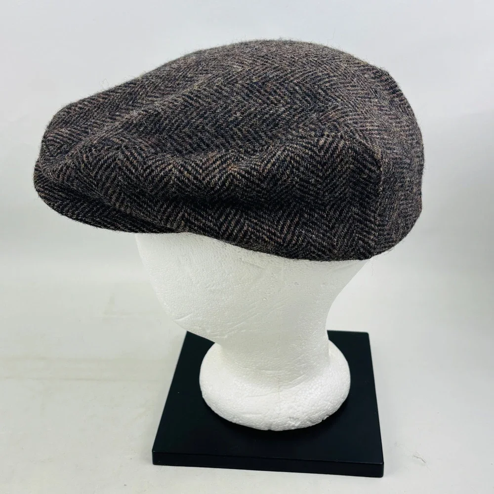Vintage Finest Headwear Flat Cap Mens L Brown Herringbone Wool Newsboy Hat USA